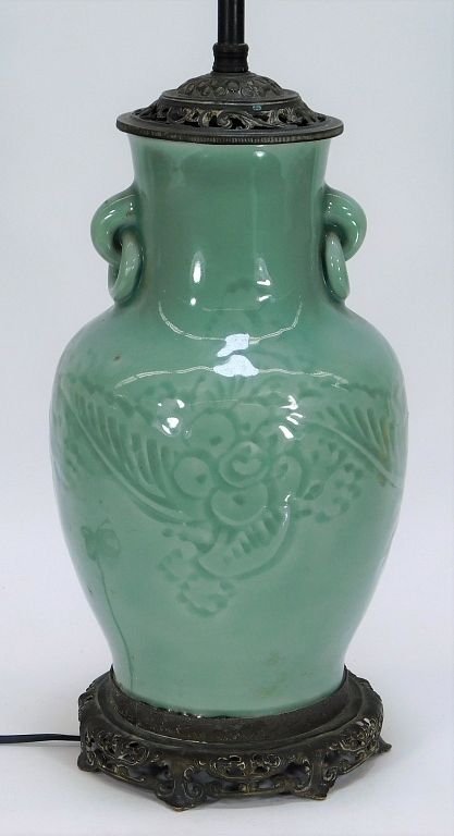 Appraisal: Chinese Celadon Porcelain Vase Table Lamp China th Century Faux