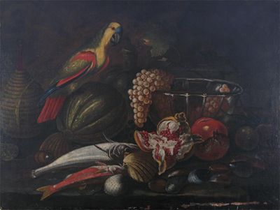 Appraisal: Follower of Jacob Bogdani A parrot perched on a melon