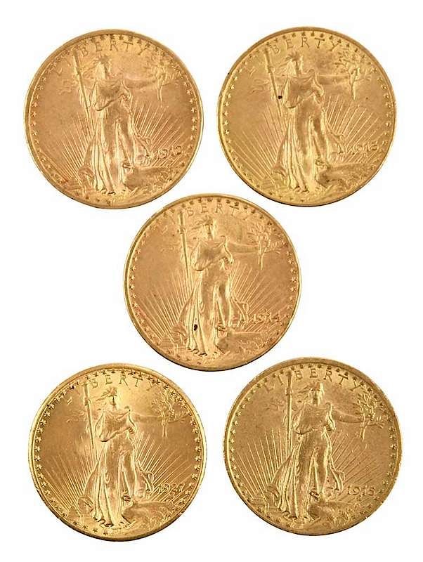 Appraisal: Five Saint Gaudens Gold Double Eagles group includes dates -D