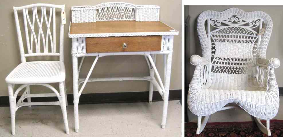 Appraisal: THREE ARTICLES OF AMERICAN WHITE WICKER FURNITURE writing table and