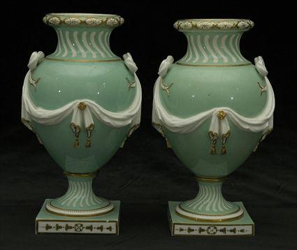 Appraisal: Pair of Neoclassical-Style Green-Ground Porcelain Urns Each in in diam