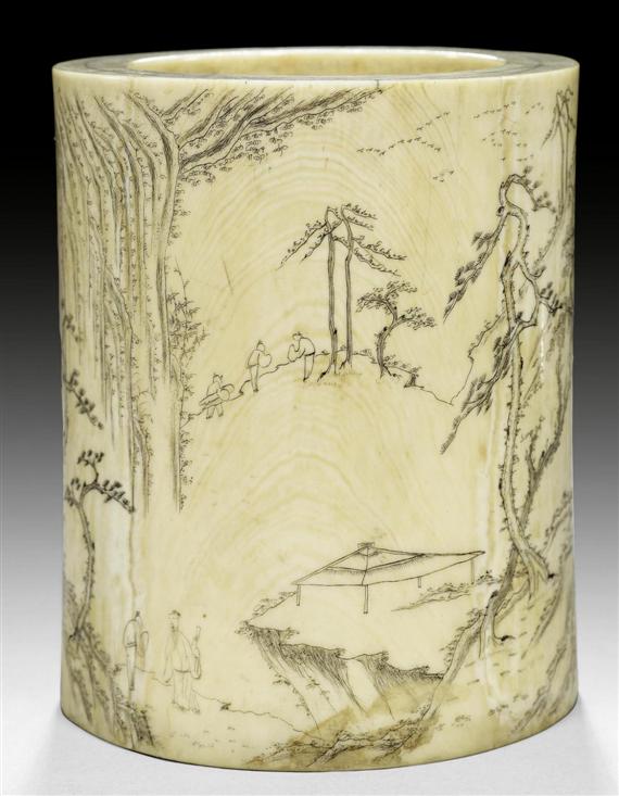 Appraisal: AN IVORY BRUSH POT WITH LANDSCAPE AND INSCRIPTIONS China th