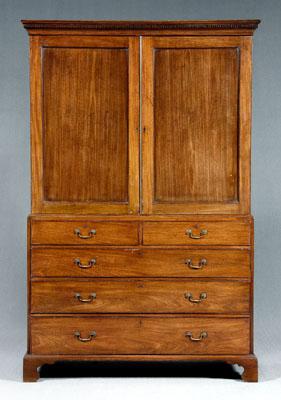 Appraisal: George III mahogany linen press two-case construction with removable dentil