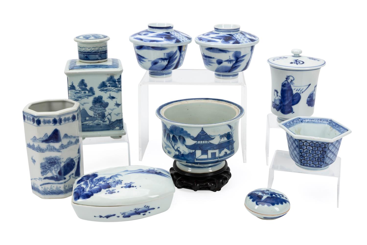 Appraisal: NINE MOSTLY CHINESE BLUE WHITE ARTICLES Nine mostly Chinese blue