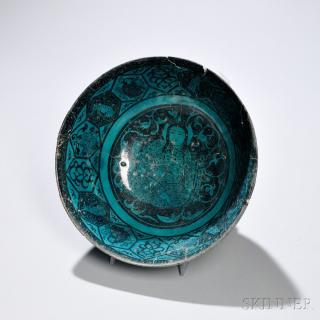 Appraisal: Turquoise and Black Kashan Deep Bowl Turquoise and Black Kashan