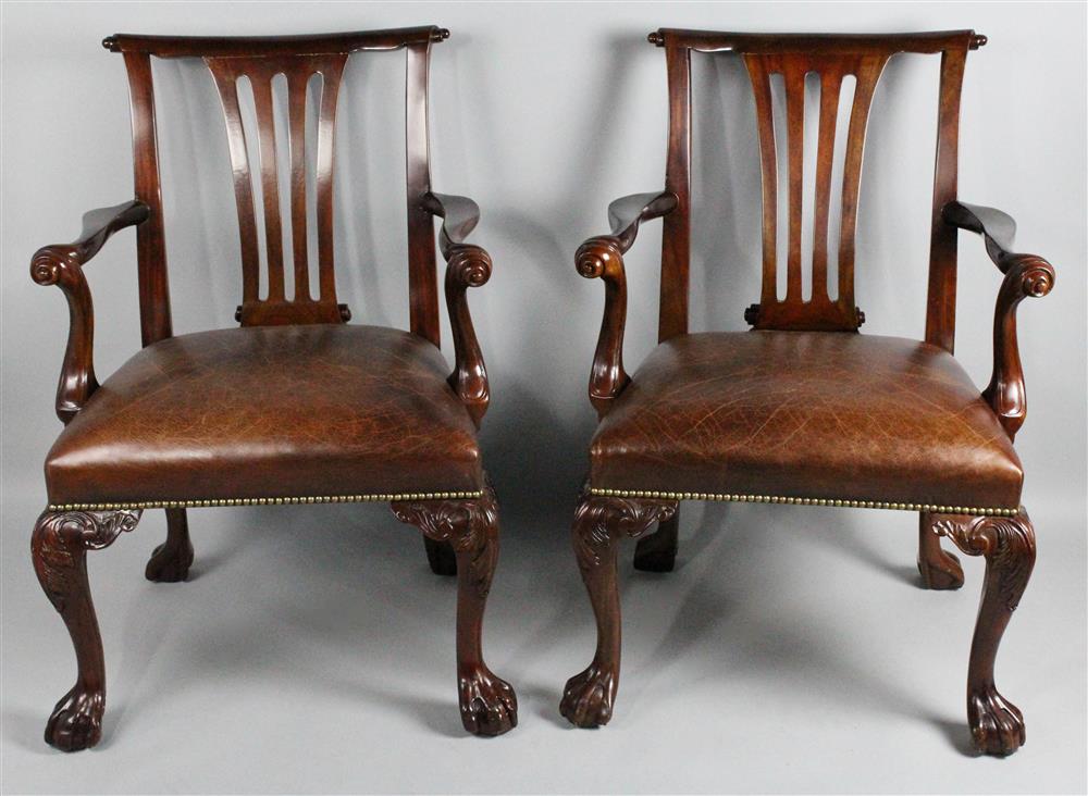 Appraisal: PAIR OF CHIPPENDALE STYLE CARVED MAHOGANY ARM CHAIRS each with