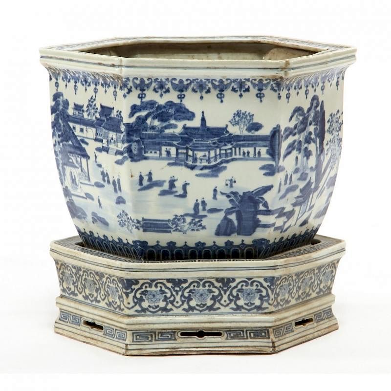 Appraisal: Chinese Blue and White Jardiniere With Stand possibly Kangxi period