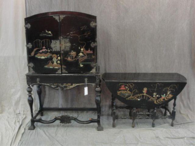 Appraisal: Chinoiserie Decorated Drop Leaf Table China Cabinet As is From