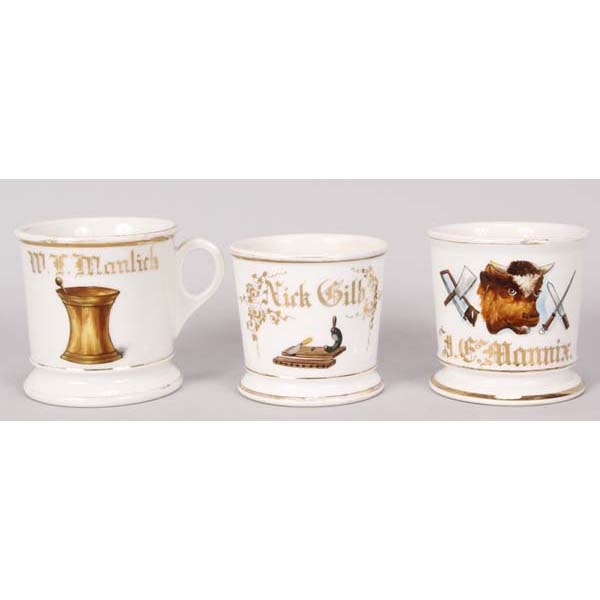 Appraisal: Three occupational shaving mugs butcher pharmacist and cigar maker