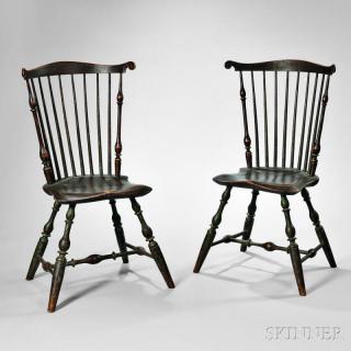 Appraisal: Fine Pair of Painted Fan-back Windsor Side Chairs probably Massachusetts