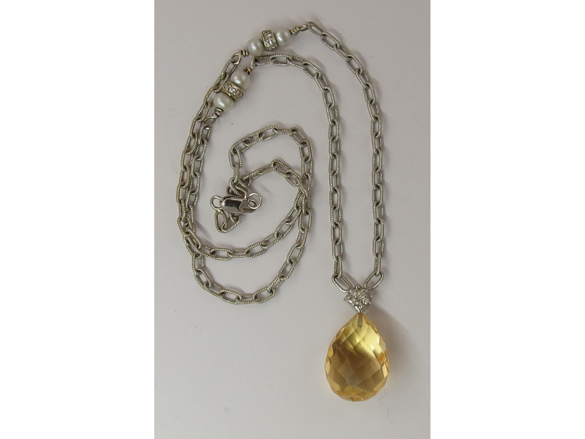 Appraisal: An unusual ct pearl diamond and briolette cut citrine necklace