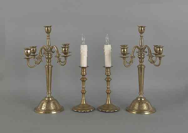 Appraisal: Pair of Queen Anne brass candlesticks th c h together