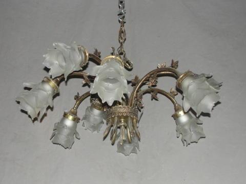 Appraisal: Arm Gilt Metal Fountain Form Chandelier with Tiered Frosted Glass