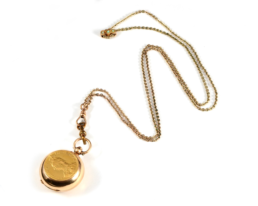 Appraisal: VICTORIAN COIN LOCKET PENDANT FOB NECKLACE Ct gold coin locket