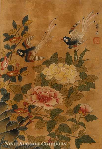 Appraisal: A Set of Three Chinese Bird-and-Flower Paintings th c Swimming