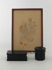 Appraisal: A framed Japanese painting on silk of two travellers x