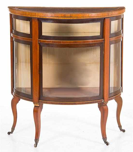 Appraisal: Louis XV style kingwood and fruitwood demilune vitrine late th