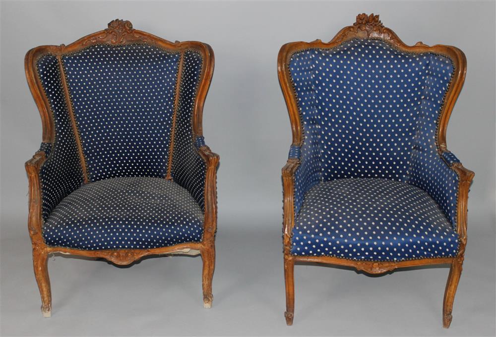 Appraisal: PAIR OF LOUIS XV STYLE WALNUT BERGERES each upholstered in