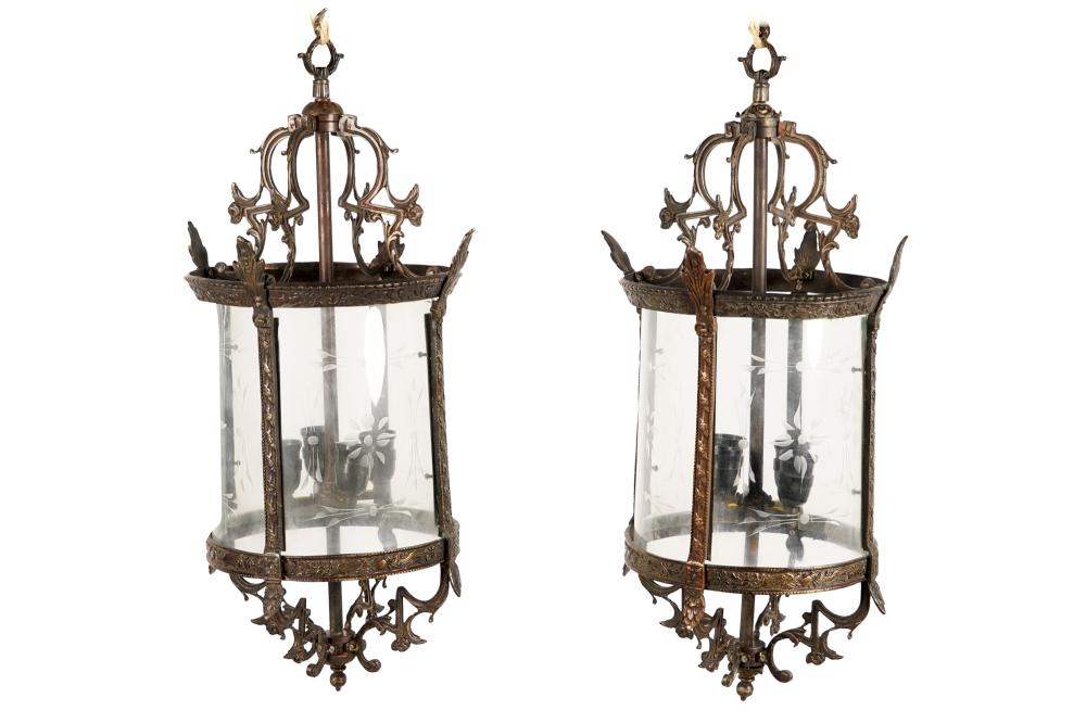 Appraisal: PAIR OF ENGLISH PATINATED BRONZE ETCHED GLASS LANTERNSelectrified inches wide