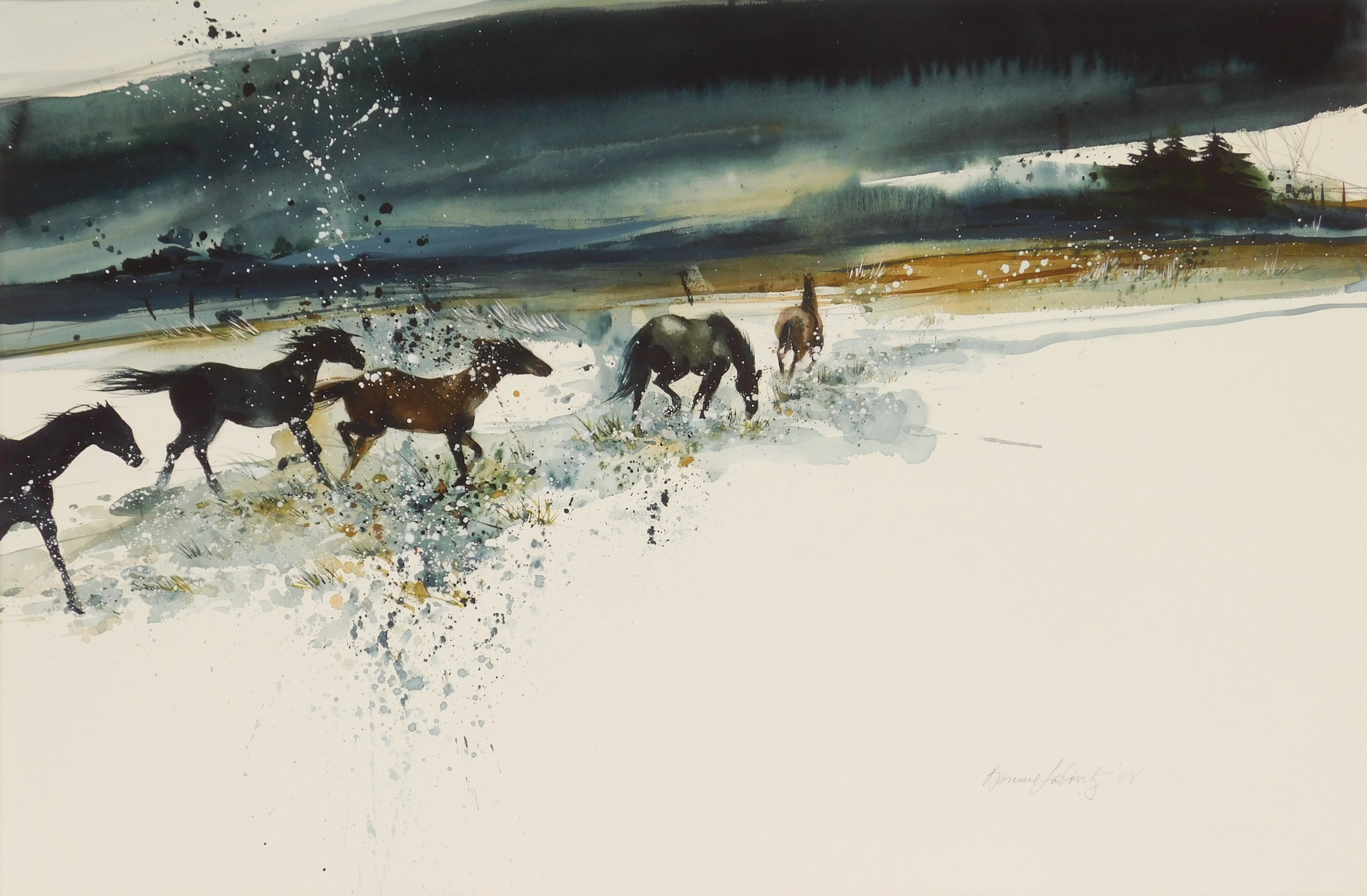 Appraisal: Bonnie Labintz Wild Horses in The Snow- watercolor on illustration