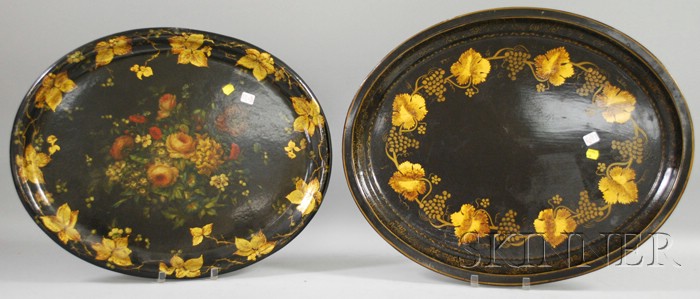 Appraisal: Victorian Oval Hand-painted Floral-decorated Papier-mache Tray and an Oval Gilt