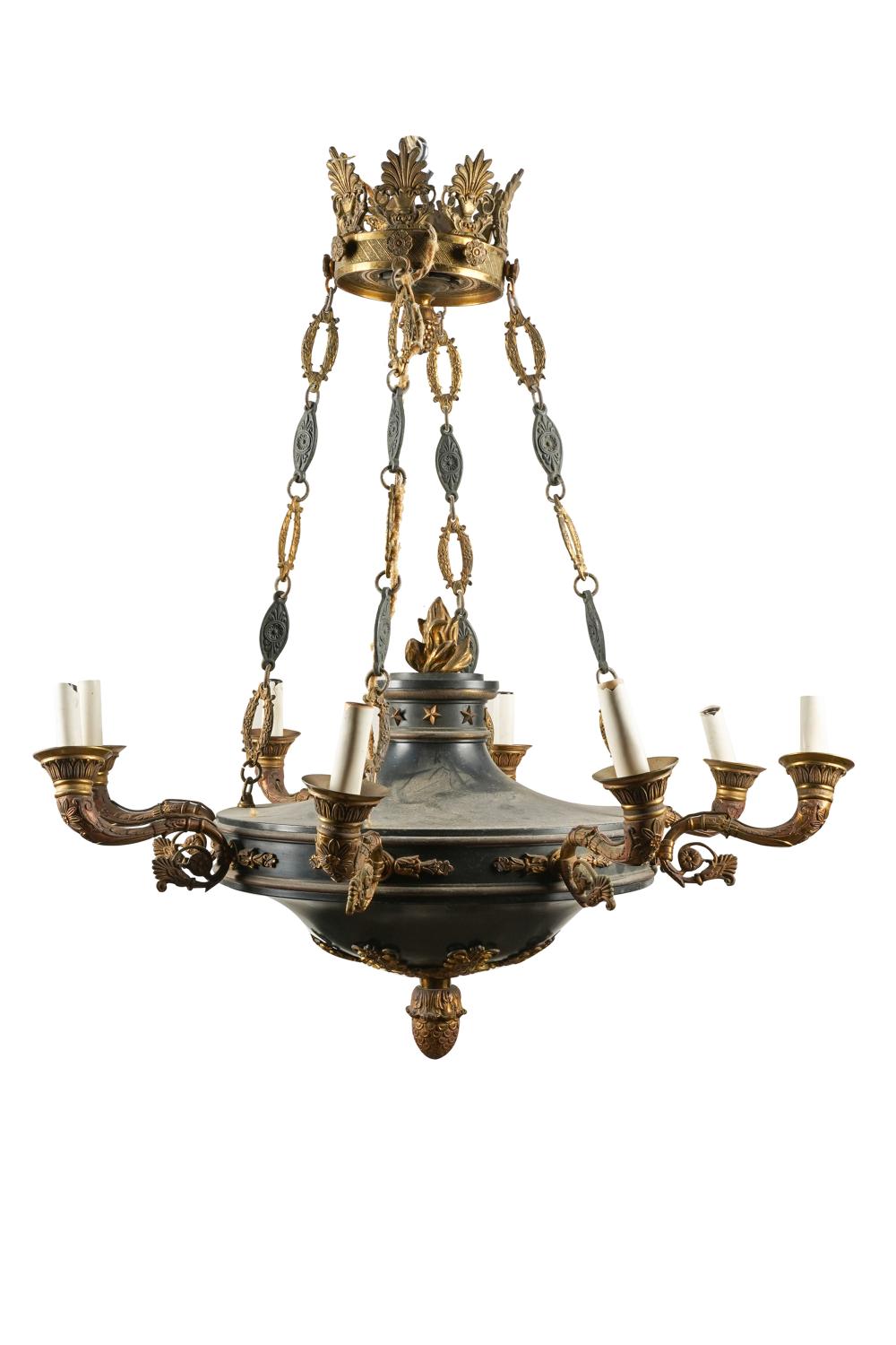 Appraisal: FRENCH EMPIRE BRONZE METAL EIGHT-LIGHT CHANDELIERCondition with oxidation throughout chipping