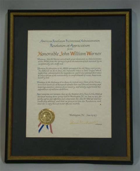 Appraisal: RESOLUTION OF APPRECIATION FOR HON JOHN WILLIAM WARNER From the