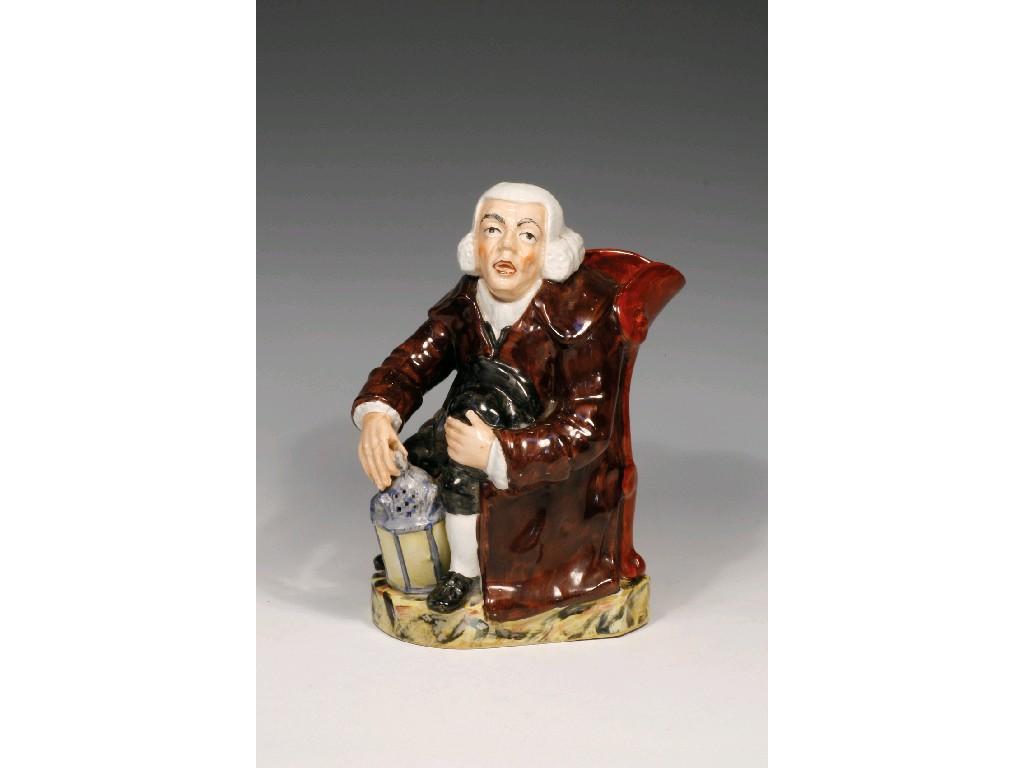 Appraisal: A STAFFORDSHIRE POTTERY NIGHT WATCHMAN TOBY JUG seated holding a