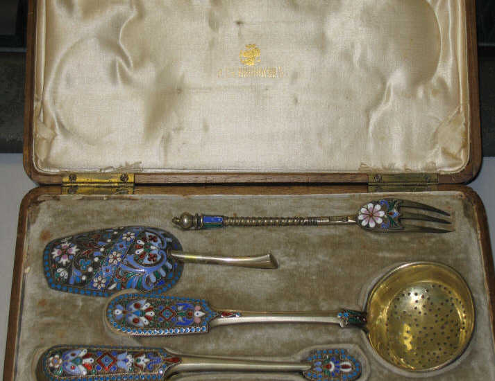 Appraisal: RUSSIAN SILVER-GILT AND ENAMEL TEA SERVING SET P Ovchinnikov Imperial