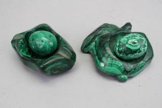 Appraisal: Malachite Eggs w Carved Stands Malachite Eggs w Carved Stands