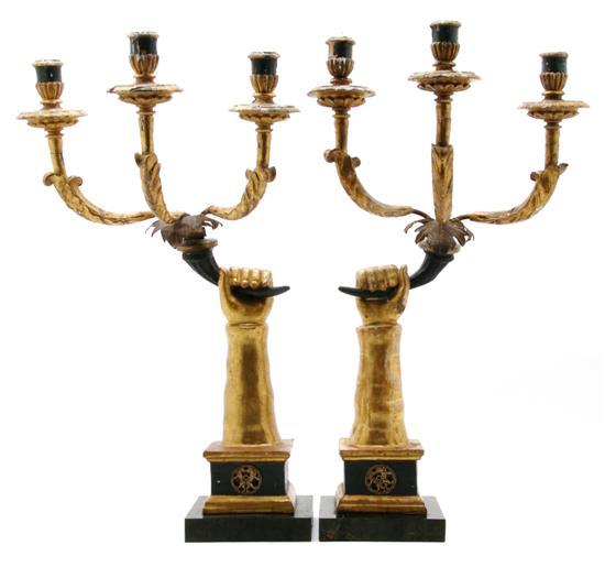 Appraisal: Pair of Painted and Parcel Gilt Three-Light Candelabra each in