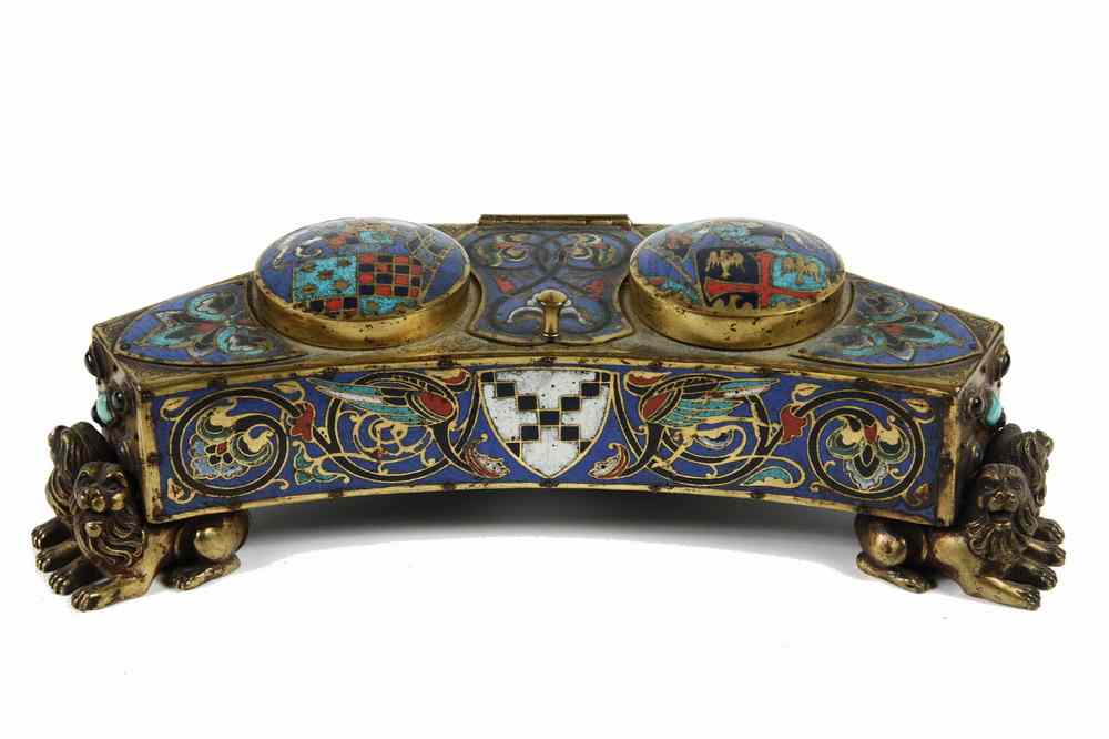 Appraisal: INKWELL - Important Gothic style gilded bronze and champleve enamel