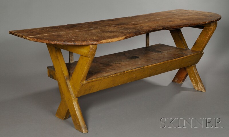 Appraisal: Mustard Yellow-painted Pine Sawbuck Table New England early th century