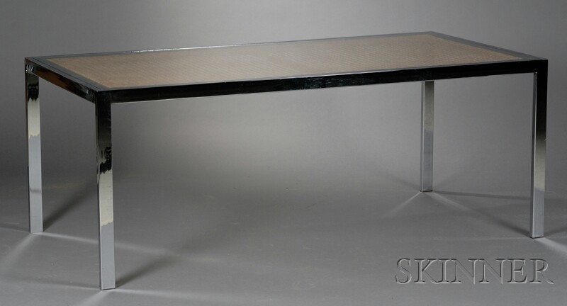 Appraisal: Milo Baughman Glass-top Hardwood and Steel Desk Table late th