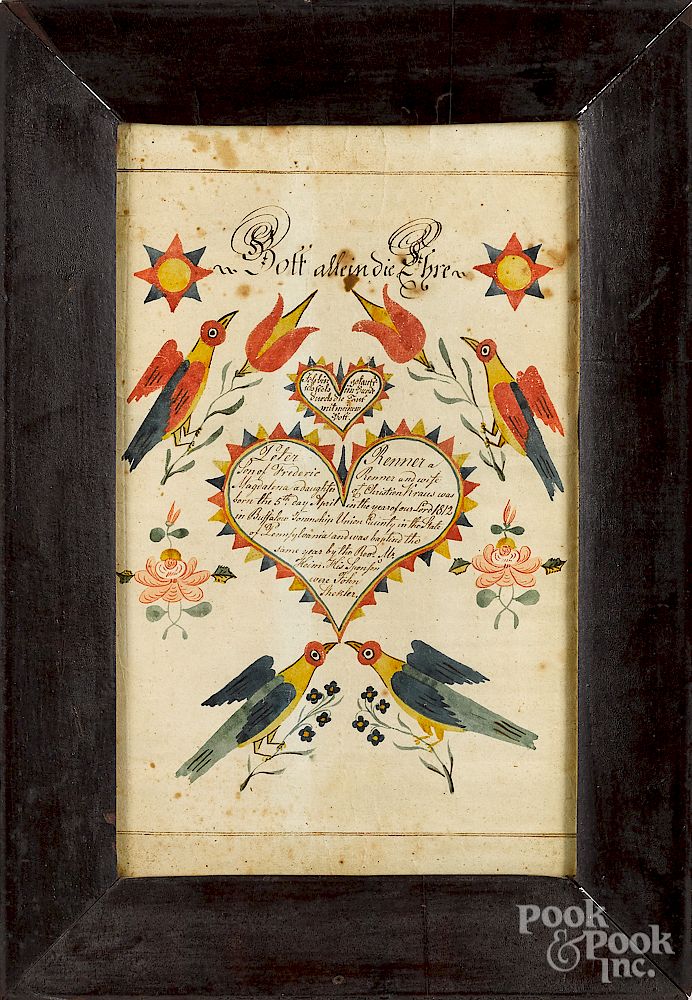 Appraisal: Reverend Henry Young ink and watercolor fraktur Reverend Henry Young