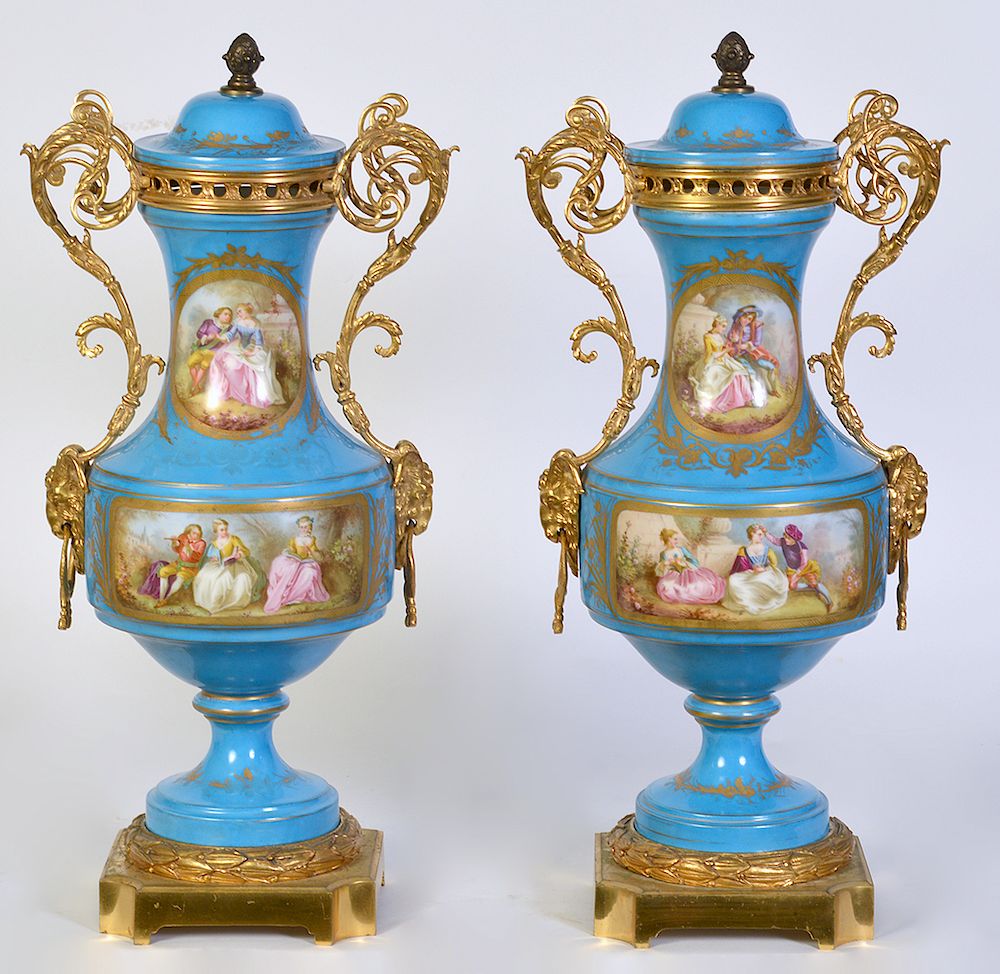 Appraisal: Pr Sevres Lidded Urns in Gilt Bronze Mounts Sevres porcelain