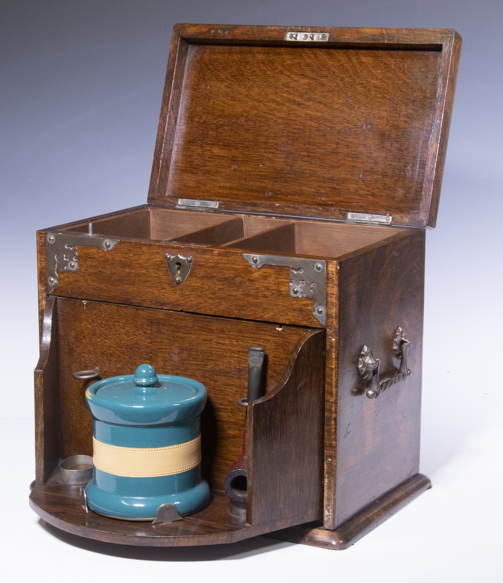 Appraisal: ENGLISH SMOKING BOX Edwardian Era Quarter-Sawn Oak Smoking Box with