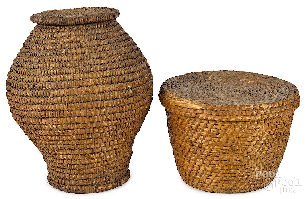 Appraisal: Two Pennsylvania rye straw lidded baskets Two Pennsylvania rye straw