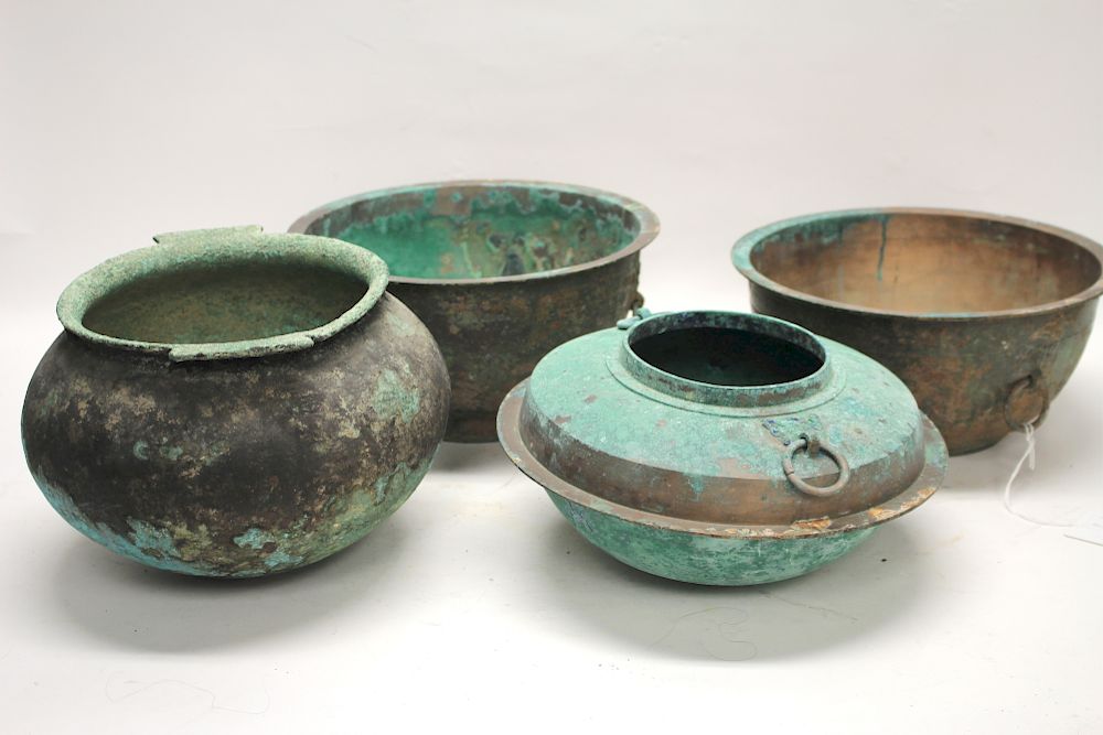 Appraisal: Chinese Bronze Copper Vessels Two with rounded bottoms one with