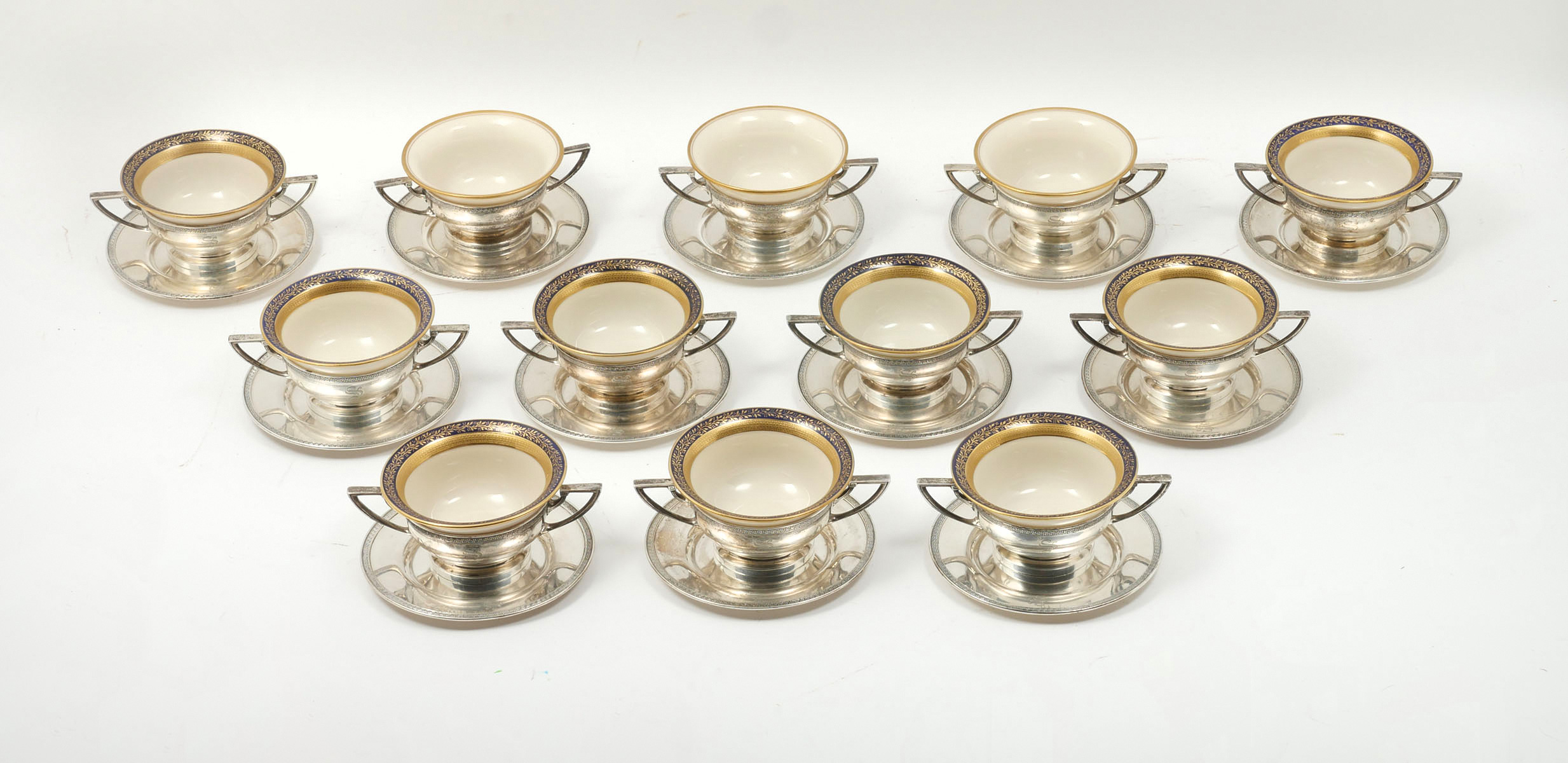 Appraisal: STERLING SILVER GORHAM CREAM SOUPS WITH LENOX INSERTS Approx Troy