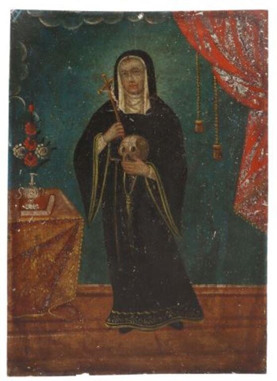 Appraisal: Unframed oil on tin retablo Santa Rita de Cascia Saint