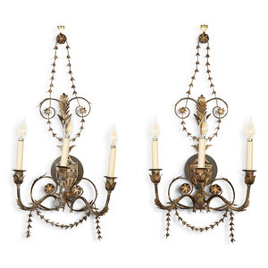 Appraisal: A Set of Four Neoclassical Style Pressed Metal Two-Light Sconces