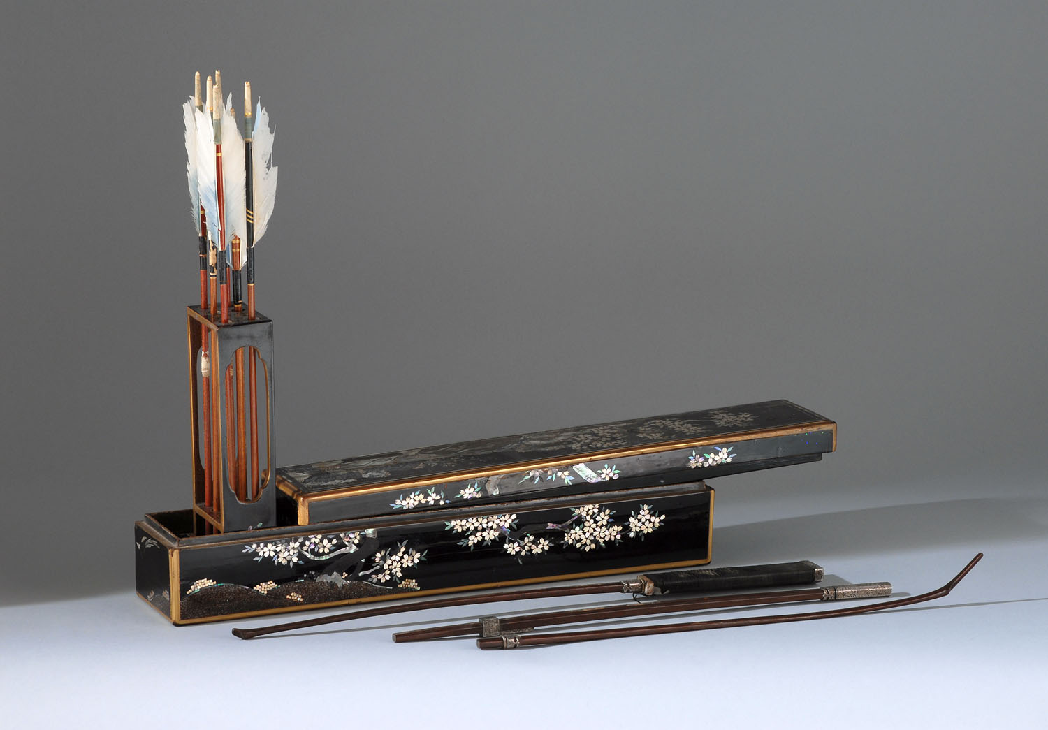 Appraisal: LACQUER-CASED LADY'S ARCHERY SET th CenturyBow with silver mounts engraved