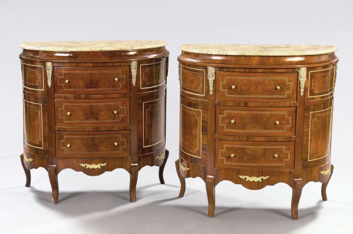 Appraisal: Pair of Louis XV-Style Mahogany Burlwood and Marble-Top Cabinets each