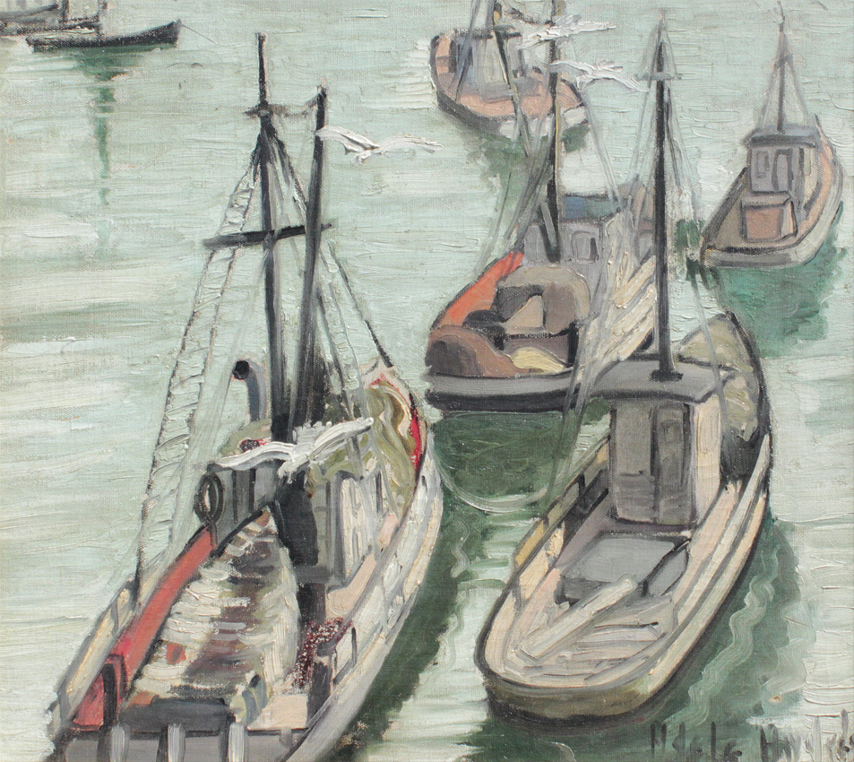 Appraisal: ANDRES Adele American - Harbor Scene with Masted Fishing Fleet