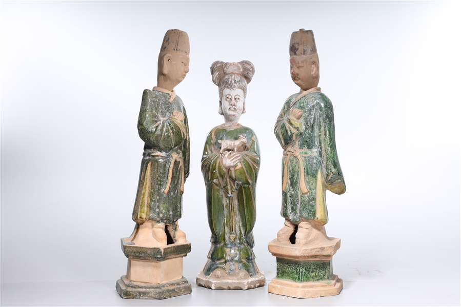 Appraisal: Group of three Chinese tang-style glazed pottery figures x x