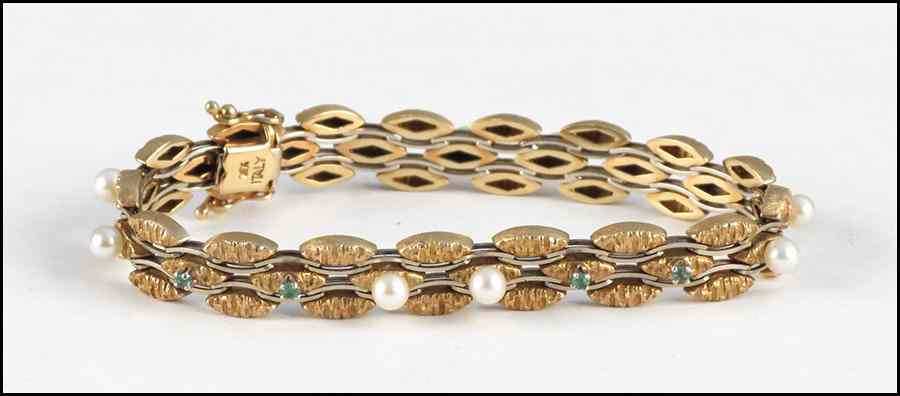 Appraisal: KARAT YELLOW GOLD PEARL AND EMERALD BRACELET Length '' Wt