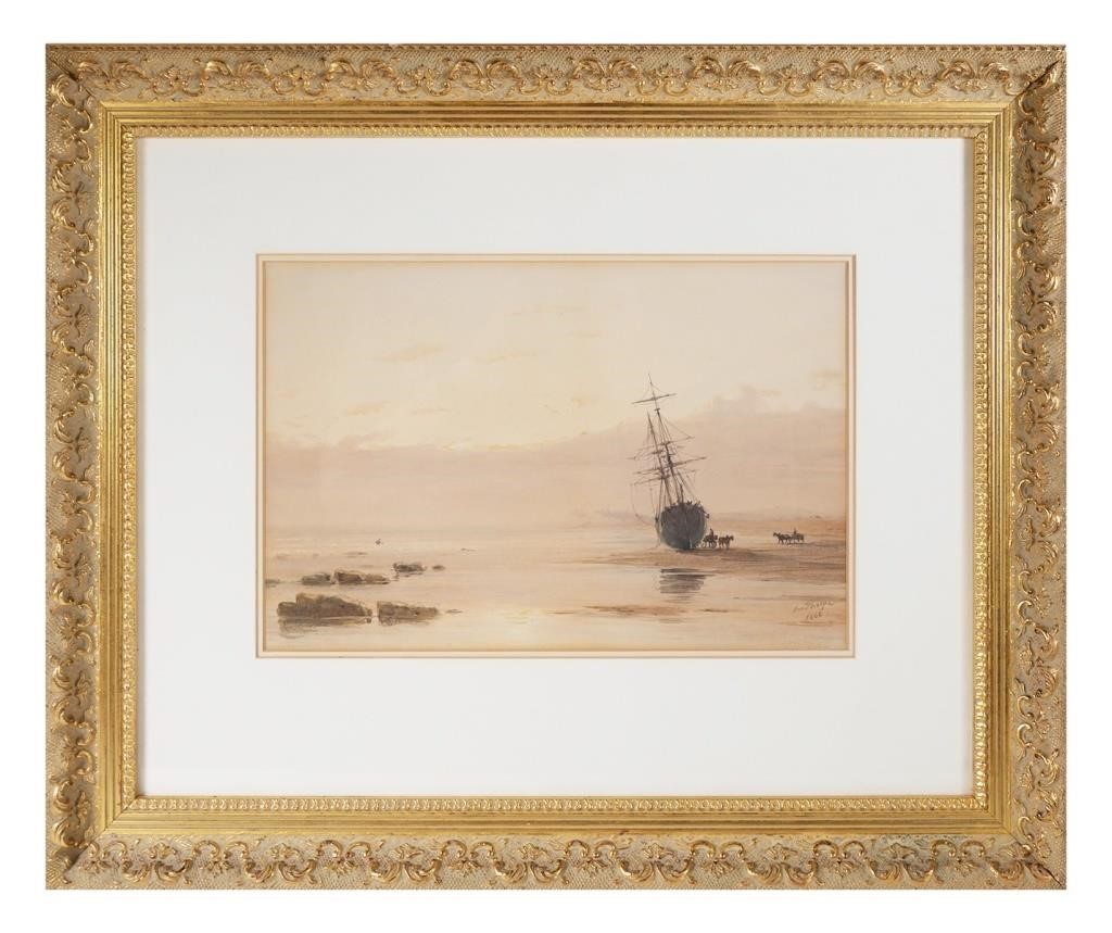 Appraisal: Watercolor on paper of ship on shore beach by artist