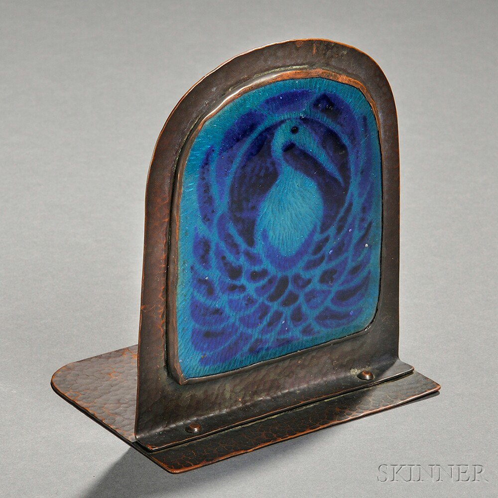 Appraisal: Bronze and Enameled Bookend Attributed to Rebecca Cauman the hand-hammered