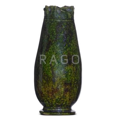 Appraisal: GEORGE OHR - Tall vase with ruffled rim green brown